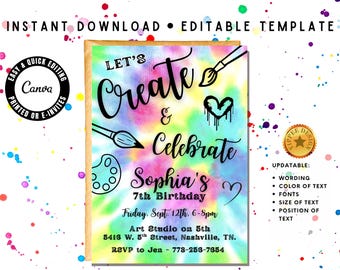 Può includere: Un invito colorato con sfondo tie-dye. Il testo recita "Let's Create & Celebrate Sophia's 7th Birthday." Include pennelli, una tavolozza e un cuore gocciolante. L'invito è un download immediato e un modello modificabile.