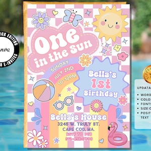Preppy Groovy ONE in the Sun Girl 1st Birthday Pool Party Invitation Splash Pad First Birthday Party Invite Template Editable in Canva