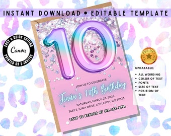 Editable 10th Birthday Invitation Template, Girls Glitter Foil Tenth Birthday Party Invite, Printable Pink Purple Blue Digital Download