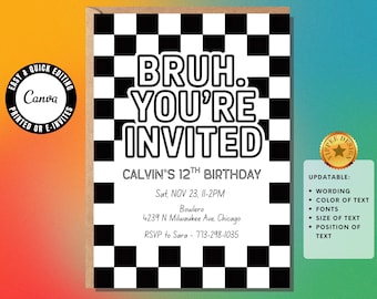 Bruh tiener jongen verjaardagsuitnodiging zwart-wit geruite jongens verjaardagsuitnodiging Tween Bruh You're Invited feestuitnodiging bewerkbaar in canva