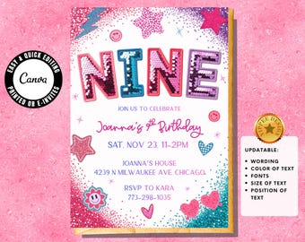 9e verjaardagsuitnodiging meisje negen Varsity-patch glitter uitnodiging tienermeisjes partij roze patch afdrukbare brief-tween-sjabloon bewerkbaar in canva