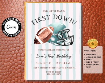 First Down voetbal 1e verjaardag uitnodigen sportuitnodiging eerste verjaardag digitale Instant Download sjabloon verjaardag Evite bewerkbaar in canvas