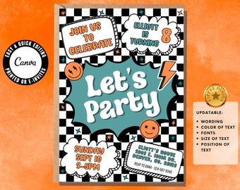Invitación de cumpleaños para celebrar, diseño retro de chico neón, simple, para cualquier edad, emoji, editable en Canva, negro, blanco, azul y naranja.