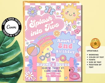 May include: A colorful birthday invitation with a retro theme. The design features the text "Splash into Two" and "Naomi's 2nd Birthday". It includes illustrations of a sun, flowers, a beach ball, and a flamingo floatie. The invitation is customizable.
