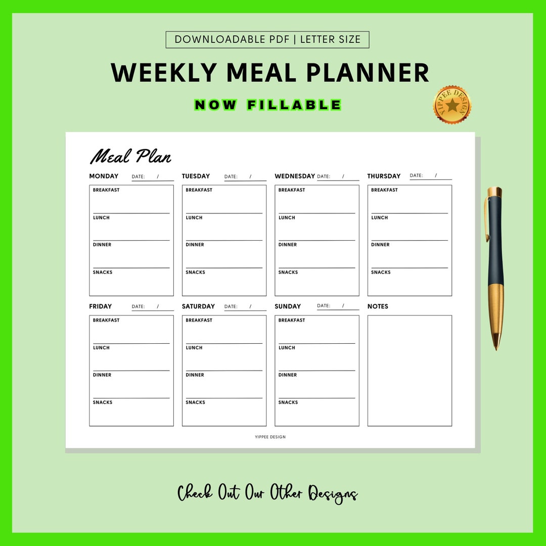 Weekly Meal Planner Printable, Meal Plan, 7 Day Menu Plan, Meal Prep ...