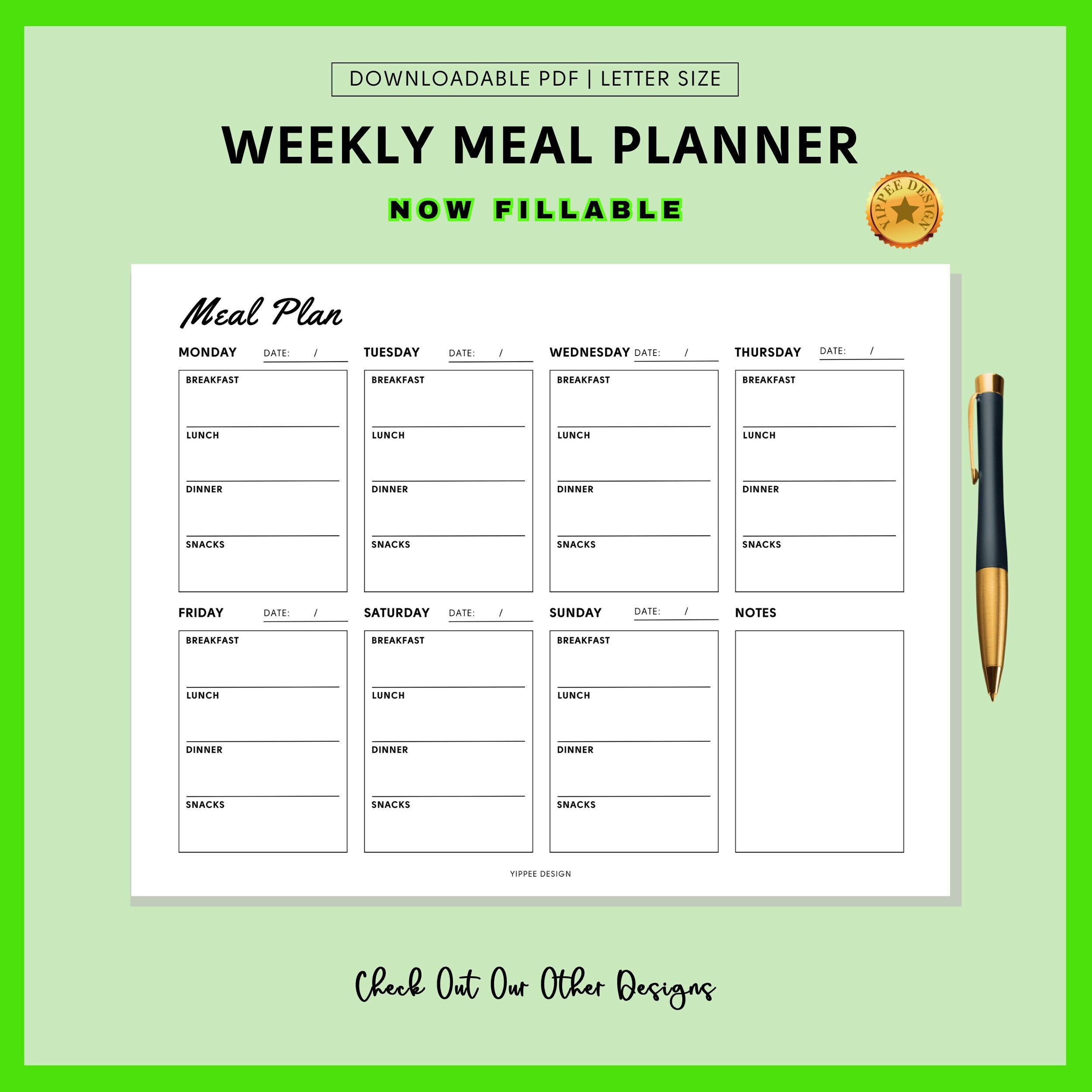 Weekly Meal Planner Printable, Meal Plan, 7 Day Menu Plan, Meal Prep ...