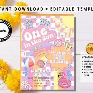 Preppy Groovy ONE in the Sun 1st Birthday Pool Party Invitation Girly Splash Pad First Birthday Party Invite Template Editable in Canva