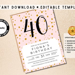 Plantilla de invitación de cumpleaños 30, 40, 50, 60, 70 para adultos, invitación digital personalizada editable por edad