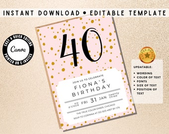 Puede incluir: Plantilla de invitación de fiesta de cumpleaños editable para un 40 cumpleaños con fondo rosa y confeti dorado. El texto dice "Únete a nosotros para celebrar el cumpleaños de Fiona, viernes 31 de enero, 18:00, The True Color Diner, Chicago. RSVP a Corinna al 312-503-4957 antes del 15 de enero."