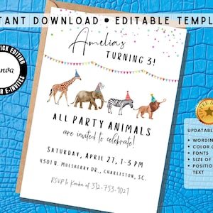 Party Animals Birthday Party Invitation Template, Editable Kids Birthday Party Invitation, Party Animal Birthday Invitation | KB106