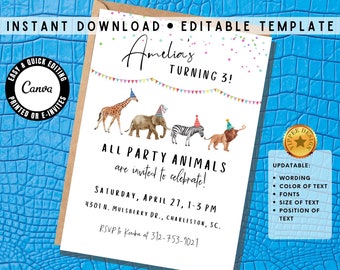 Party Animals Birthday Party Invitation Template, Editable Kids Birthday Party Invitation, Party Animal Birthday Invitation | KB106