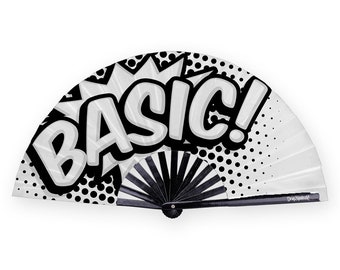 May include: A white folding fan with a black and white comic book style design. The fan features the word "BASIC!" in a large, bold font.