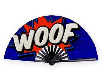 May include: A blue and red folding fan with a white "WOOF" comic book style graphic. The fan is black and has a black handle.