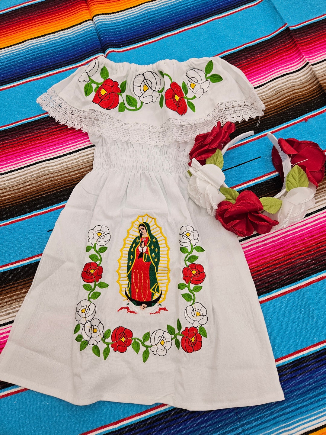 Vestido Indita con Blusa Bordada Virgen de Guadalupe Nina Vestido tradicional Etsy Mexico