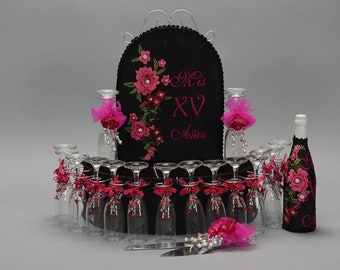 Quinceanera Toasting Set Quince Set Sweet Sixteen Flowers theme Sweet Sixteen Champagne Glasses for Quinceanera