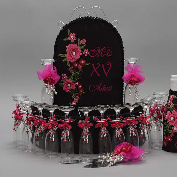 Quinceanera Toasting Set Quince Set Sweet Sixteen Flowers theme Sweet Sixteen Champagne Glasses for Quinceanera