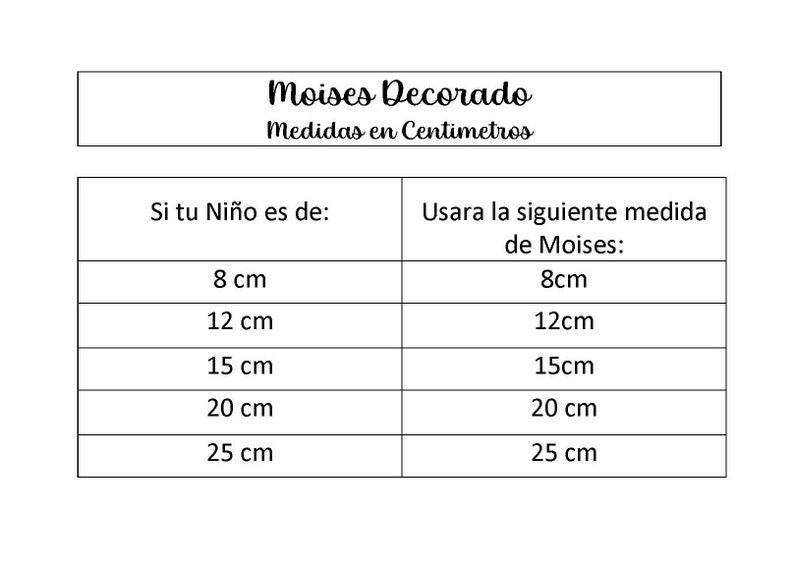 K&ouml;nnte beinhalten: Eine schwarz-wei&szlig;e Informationstabelle mit dem Titel Moises Decorado Medidas en Centimetros. Die Tabelle listet links die Kindergr&ouml;&szlig;en in Zentimetern und rechts die entsprechenden Stubenwagengr&ouml;&szlig;en in Zentimetern auf: 8 cm, 12 cm, 15 cm, 20 cm und 25 cm.