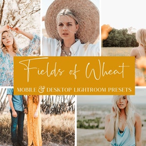 May include: A collage of photos featuring people in a field of wheat. The photos are edited with a warm, golden tone. The text "Fields of Wheat" is displayed in a white font on a yellow background. The text "Mobile & Desktop Lightroom Presets" is displayed below the title.