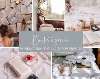 May include: A collage of images featuring books, coffee, and cozy settings. The text "Bookstagram Mobile & Desktop Lightroom Presets" is displayed on a light blue background.