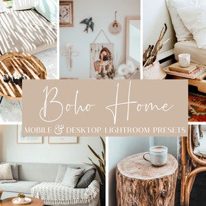 May include: A collage of images showcasing a bohemian home aesthetic. The images feature a sofa with a throw blanket, a wooden table with a cup of coffee, a wooden table with a vase of flowers, and a bed with a white blanket. The text "Boho Home Mobile & Desktop Lightroom Presets" is displayed in the centre of the collage.
