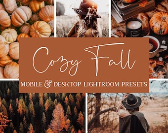 May include: A collage of images featuring fall-themed elements, including pumpkins, leaves, a woman wearing a hat, and a cozy scene with a candle and a book. The text "Cozy Fall" and "Mobile & Desktop Lightroom Presets" is displayed on a brown background.