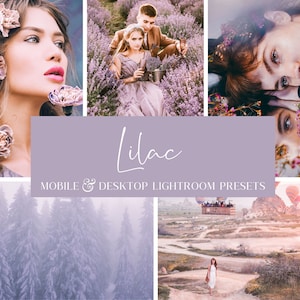 Puede incluir: Presets de Lightroom para móvil y escritorio Lilac para fotógrafos. La imagen muestra un collage de fotos con un tema morado.