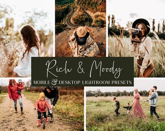 May include: A collage of images showcasing the "Rich & Moody" mobile and desktop Lightroom presets. The images feature a variety of subjects, including a woman holding flowers, a person sitting on a blanket, a woman taking a photo, a family walking in a field, and a child riding a bike.