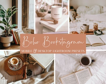 Op de afbeelding: Een collage van afbeeldingen met knusse bookstagram-opstellingen met boeken, koffie, planten en een mok met de tekst "Thankful". De tekst "Boho Bookstagram Mobile & Desktop Lightroom Presets" is over de afbeeldingen gelegd.