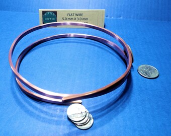 Flat Copper Wire 5.0 mm Thick 3.0 mm Wide 99.9% Copper, Approximately 8 Gauge Thickness 8 AWG, straight sides.