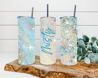 Ice Opal Faux Glitter Tumbler, Personalized Tumbler, Double Wall Insulated, Gift, Tumbler with Lid & Straw, Custom Tumbler, Glitter