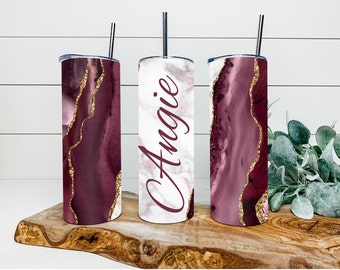 Burgundy Marble Gold Agate Faux Glitter Tumbler, Personalized Tumbler, Double Wall Insulated, Gift, Tumbler with Lid & Straw, Custom Tumbler