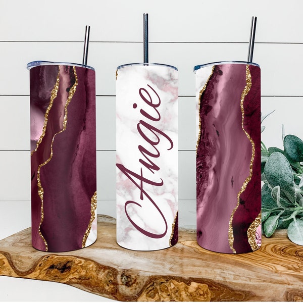 Burgundy Marble Gold Agate Faux Glitter Tumbler, Personalized Tumbler, Double Wall Insulated, Gift, Tumbler with Lid & Straw, Custom Tumbler