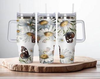 White Daises and Butterflies 40oz Dupe, Personalized 40oz Dupe Tumbler with Handle, Lid and Straw, Gift for Her, Gift for Him, Birthday Gift