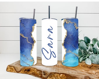 Blue Gold Agate Faux Glitter Tumbler, Personalized Tumbler, Double Wall Insulated, Gift, Tumbler with Lid & Straw, Custom Tumbler