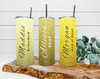 Yellow Faux Ombre Personalized Glitter Name Tumbler, Cute Custom Glitter Tumbler For Her Gift, Glitter Ombre Tumbler Cup