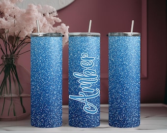 Dark Blue Ombre Faux Glitter Personalized Custom Tumbler, Unique Personalized Gift!!! - 036