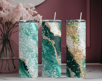 Turquoise Swirl Faux Glitter Personalized Custom Tumbler, Unique Personalized Gift!!!