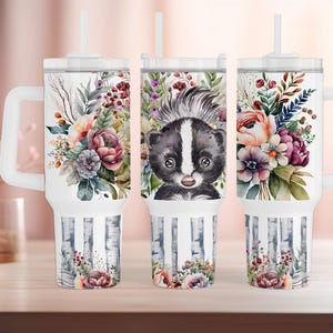 Skunk Floral Woodland 40oz Personalized Custom Tumbler with Handle, Unique Personalized Gift!!!