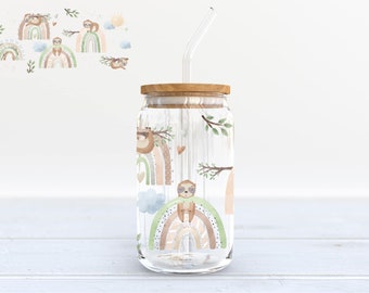 Baby Rainbow Sloth Iced Coffee Cup, Glass Cup With Lid and Straw, Glass Mason Jar With Lid and Straw, Iced Coffee Glass