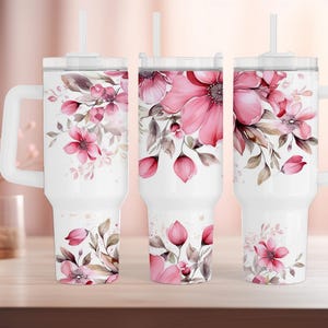 Bright Pink Floral 40oz Personalized Custom Tumbler with Handle, Unique Personalized Gift!!!