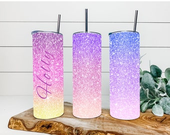 Ombre Personalized Faux Glitter Name Tumbler, Cute Custom Glitter Tumbler For Her Gift, Glitter Ombre Tumbler Cup