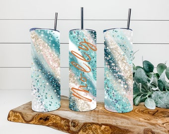 Teal Beach Ocean Milkyway Faux Glitter Tumbler, Personalized Tumbler, Double Wall Insulated, Gift, Tumbler with Lid & Straw, Custom Tumbler