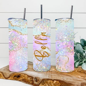 Pink Halo Faux Glitter Tumbler, Personalized Tumbler, Double Wall Insulated, Gift, Tumbler with Lid & Straw, Custom Tumbler, Glitter