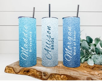 Blue Ombre Faux Glitter Personalized Glitter Name Tumbler, Cute Custom Glitter Tumbler For Her Gift, Glitter Ombre Tumbler Cup