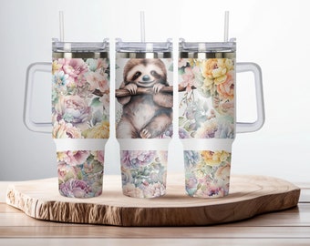 Cute Baby Sloth Floral Woodland 40oz Dupe, Personalized 40oz Dupe Tumbler with Handle, Lid and Straw, Gift for Her, Birthday Gift