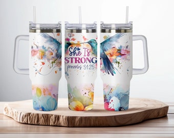 She is Strong Proverbs 40oz Dupe, Personalized 40oz Dupe Tumbler with Handle, Lid and Straw, Gift for Her, Gift for Him, Birthday Gift