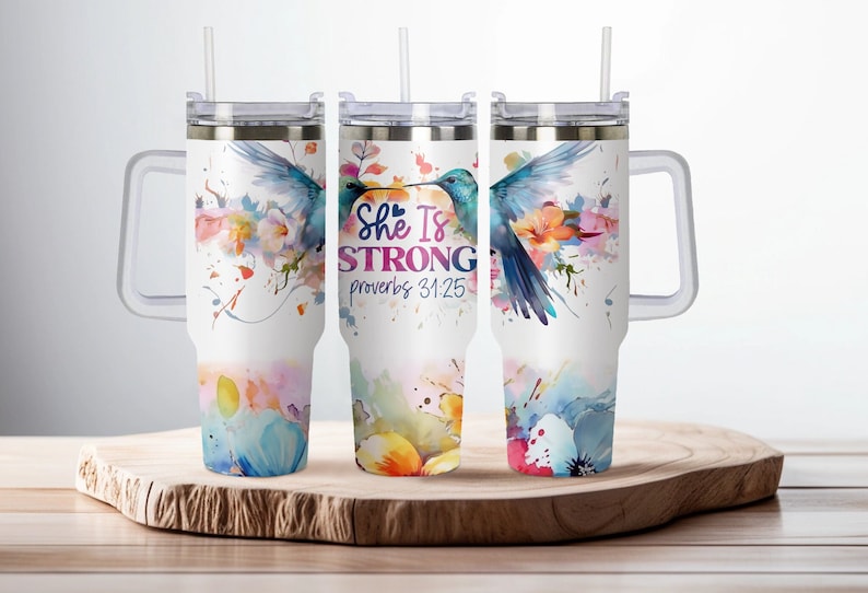 She is Strong Proverbs 40oz Dupe, Personalized 40oz Dupe Tumbler with Handle, Lid and Straw, Gift for Her, Gift for Him, Birthday Gift image 1