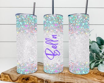 Rainbow Glitter Faux Glitter Tumbler, Personalized Tumbler, Double Wall Insulated, Gift, Tumbler with Lid & Straw, Custom Tumbler, Glitter