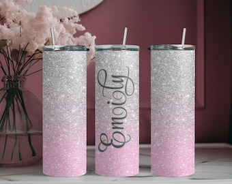 Delicate Pink and Gray Sparkle Faux Glitter Personalized Custom Tumbler, Unique Personalized Gift!!!