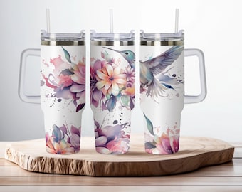 Blush Floral Hummingbird 40oz Dupe, Personalized 40oz Dupe Tumbler with Handle, Lid and Straw, Gift for Her, Gift for Him, Birthday Gift